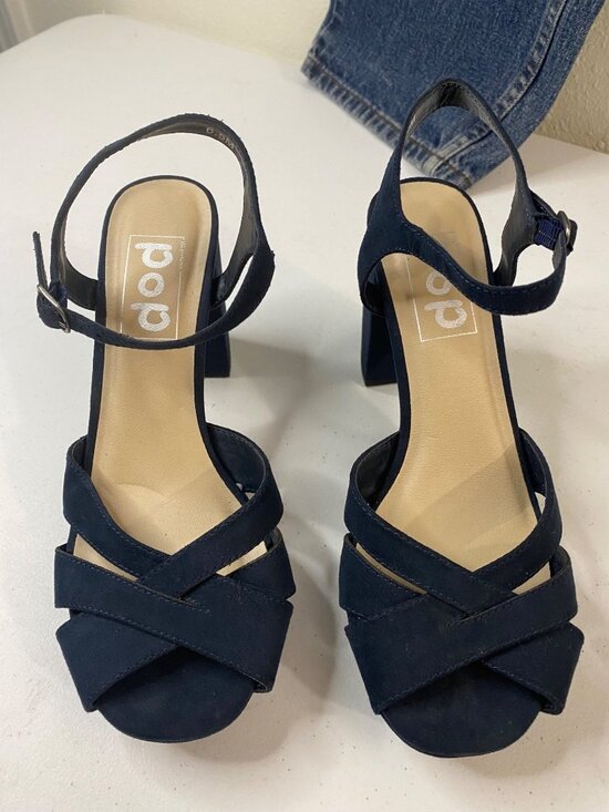 PoP Navy Blue Heels Sandals Womens 6.5 M Block Heel Strappy, Dress Shoes - Picture 6 of 16